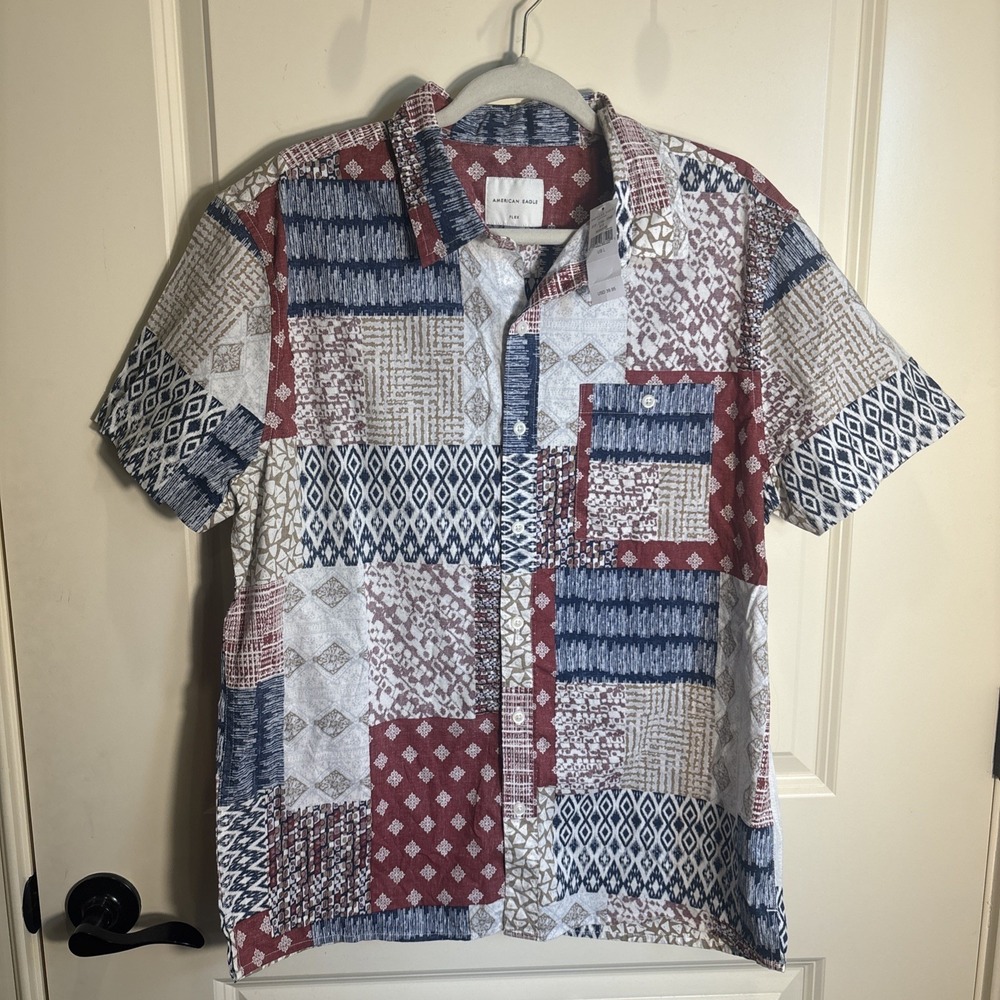 NWT American Eagle Flex Men Large Shirt Patchwork Print Casual Short Sleeve